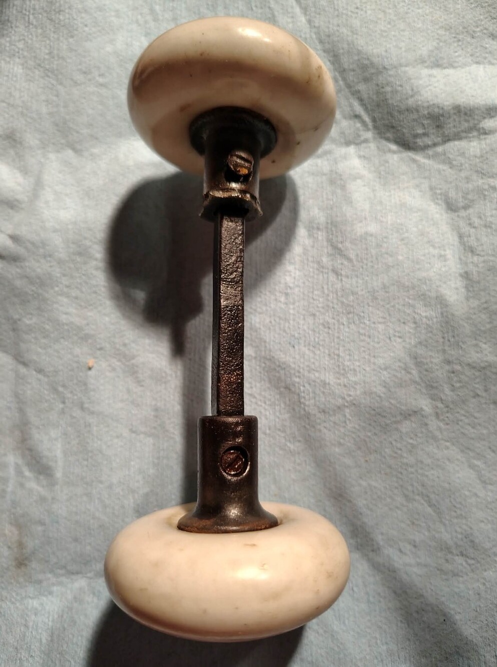 Set 2 Antique White Porcelain Door Knobs Iron Shaft Vintage Farmhouse Hardware